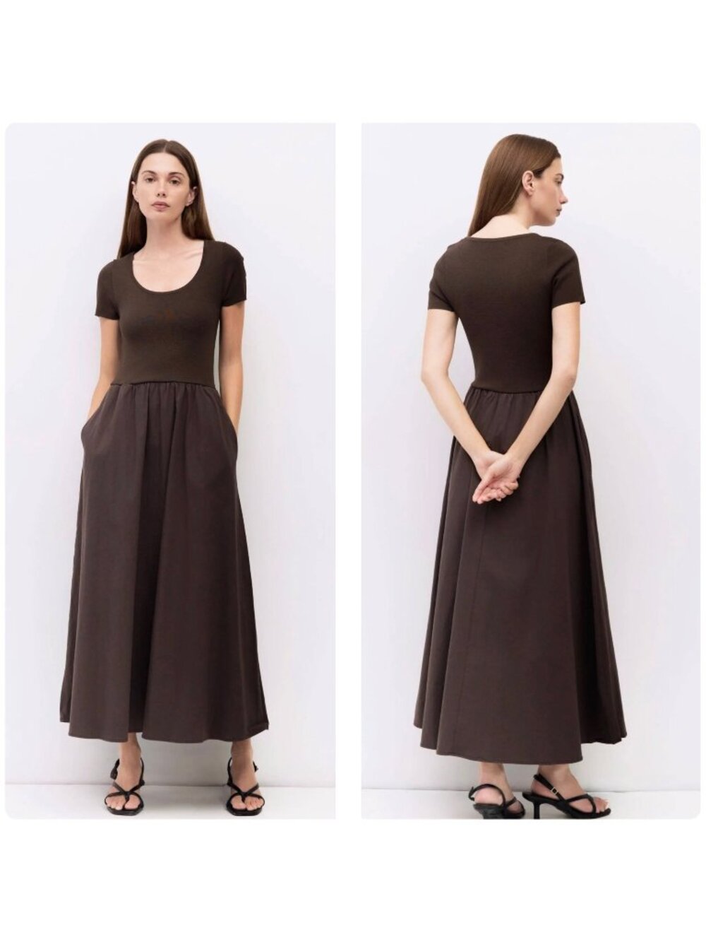 Mod Ref Lynette Scoop Neck Maxi Dress Small Chocolate Brown Knit Top Flowy Skirt